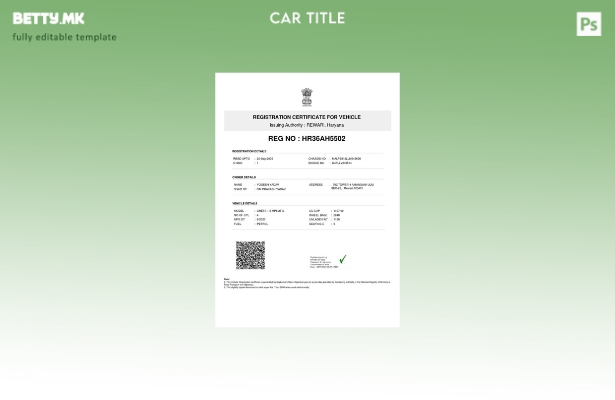Шаблон за уверение за регистрација на возила во модерен стил во Индија